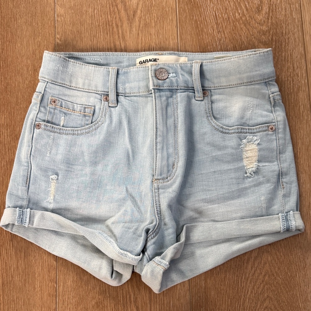 Garage Light Wash Distressed Denim Roll-Cuff Shorts - Light Blue